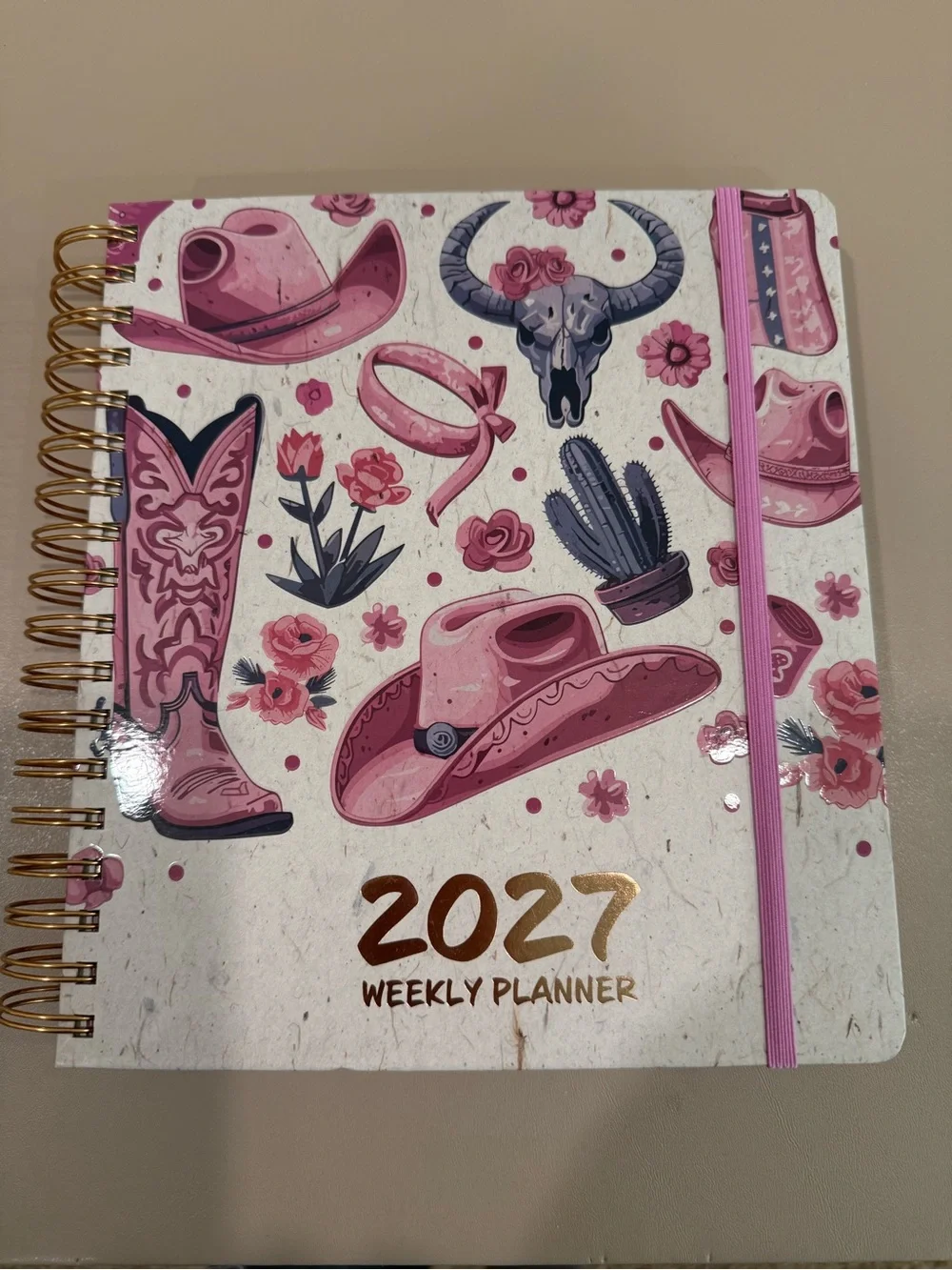 17 month, Aug 2026 - Dec 2027 Pink Western Weekly Planner with gold stickers